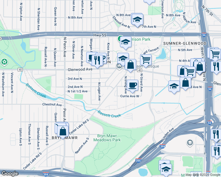 map of restaurants, bars, coffee shops, grocery stores, and more near 203 Cedar Lake Road North in Minneapolis