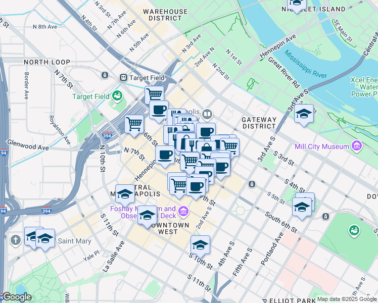 map of restaurants, bars, coffee shops, grocery stores, and more near 33 South 5th Street in Minneapolis