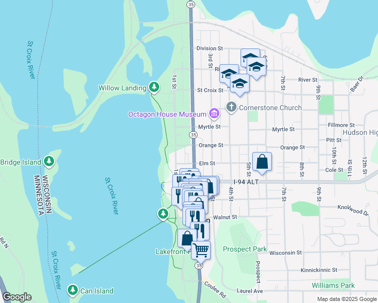 map of restaurants, bars, coffee shops, grocery stores, and more near 821 2nd Street in Hudson