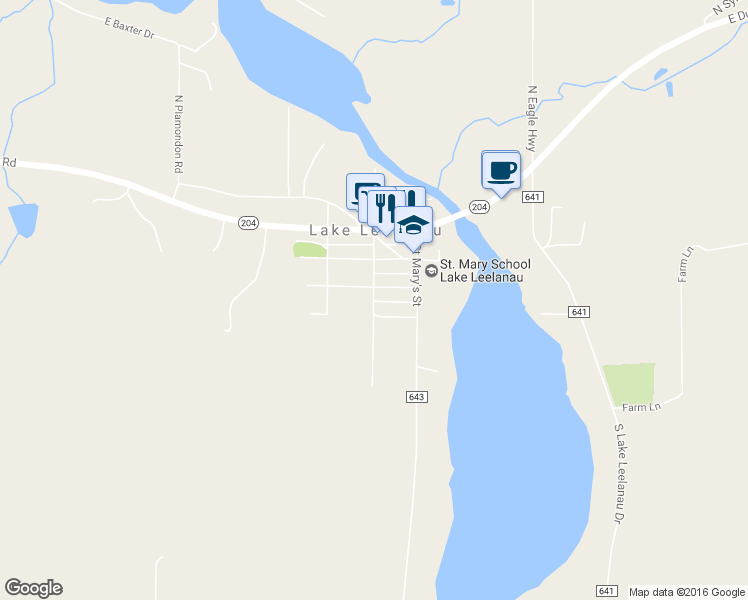 map of restaurants, bars, coffee shops, grocery stores, and more near Alley Street in Lake Leelanau