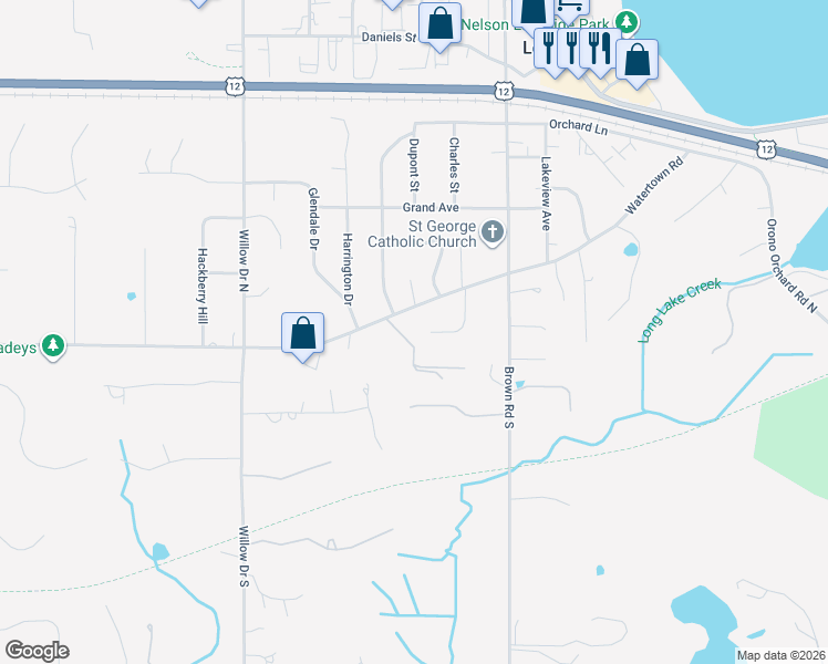 map of restaurants, bars, coffee shops, grocery stores, and more near 7 Westwood Drive in Long Lake