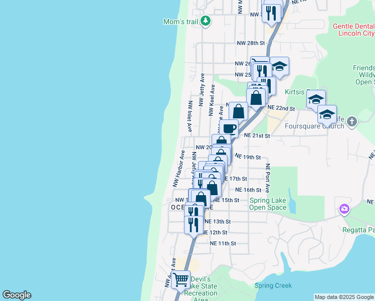 map of restaurants, bars, coffee shops, grocery stores, and more near 1314 Northwest 20th Street in Lincoln City