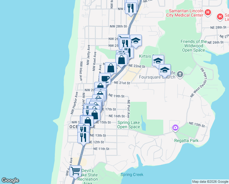 map of restaurants, bars, coffee shops, grocery stores, and more near 1937 Northeast Oar Avenue in Lincoln City