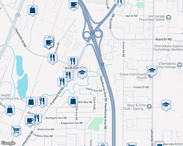map of restaurants, bars, coffee shops, grocery stores, and more near 3252 Hyacinth Street Northeast in Salem