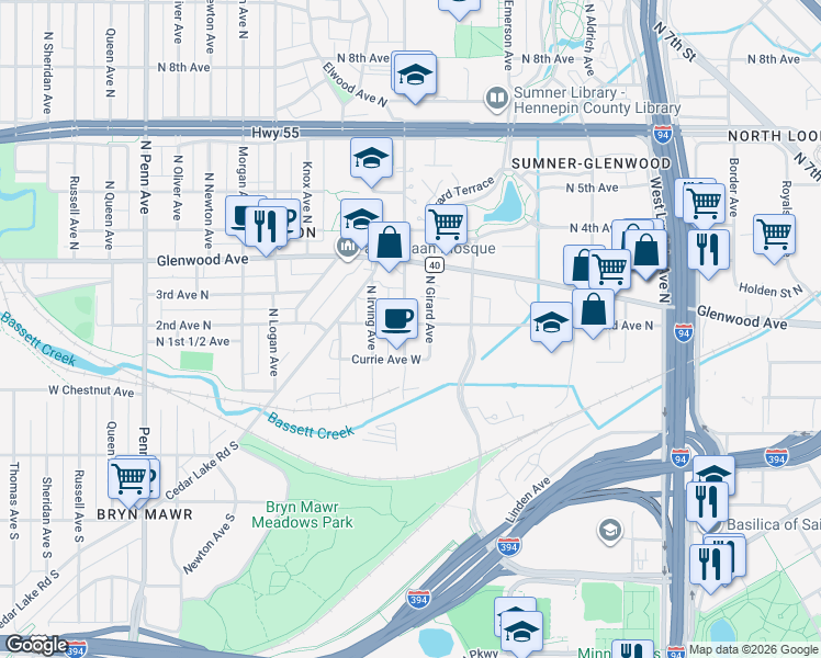 map of restaurants, bars, coffee shops, grocery stores, and more near 1415 2nd Avenue North in Minneapolis