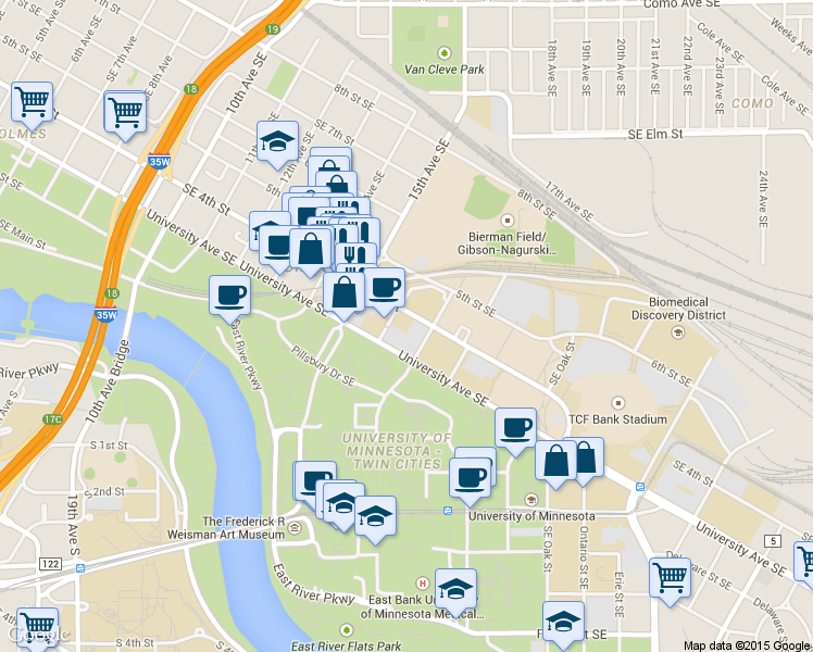 map of restaurants, bars, coffee shops, grocery stores, and more near 320 16th Ave SE in Minneapolis
