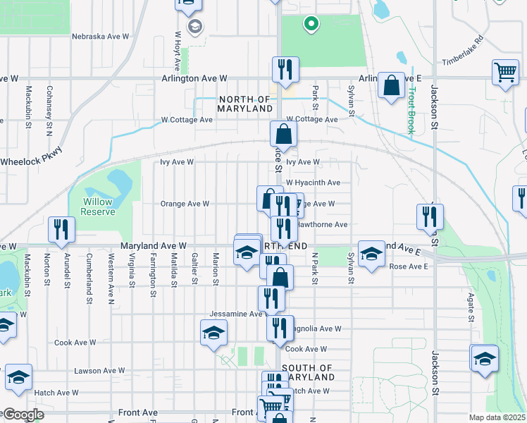 map of restaurants, bars, coffee shops, grocery stores, and more near 1255 Rice Street in Saint Paul