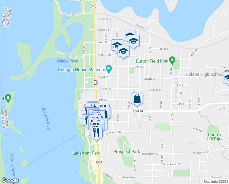 map of restaurants, bars, coffee shops, grocery stores, and more near 821 4th Street in Hudson
