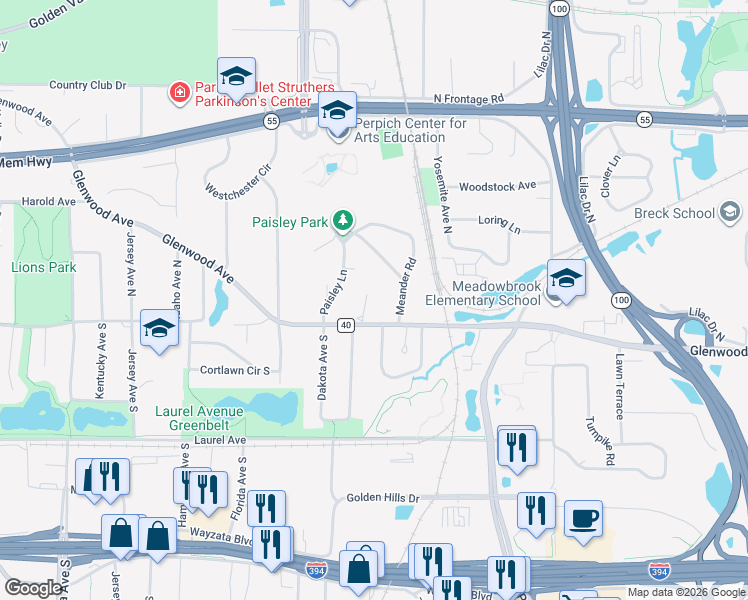 map of restaurants, bars, coffee shops, grocery stores, and more near 70 Brunswick Avenue South in Golden Valley