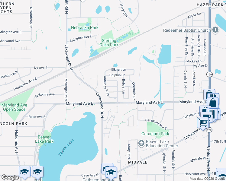 map of restaurants, bars, coffee shops, grocery stores, and more near 2421 Amberjack Lane in Saint Paul