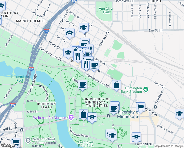 map of restaurants, bars, coffee shops, grocery stores, and more near 1521 University Ave SE in Minneapolis