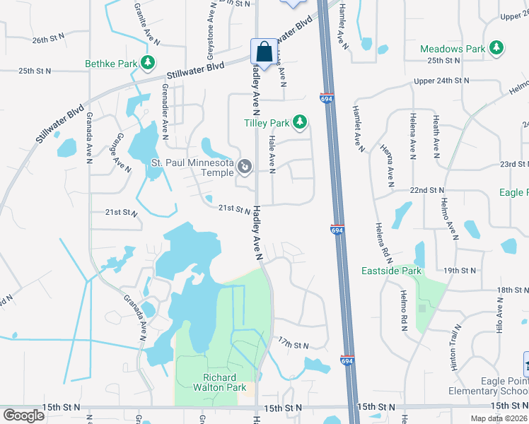 map of restaurants, bars, coffee shops, grocery stores, and more near 2103 Hallmark Avenue North in Oakdale