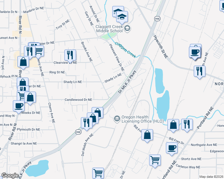 map of restaurants, bars, coffee shops, grocery stores, and more near 1444-1446 Rozilla Court Northeast in Keizer