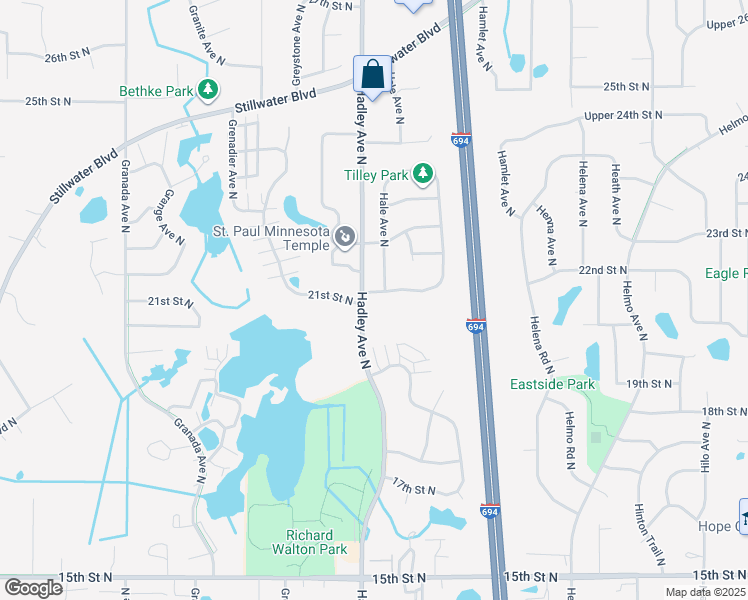 map of restaurants, bars, coffee shops, grocery stores, and more near 2103 Hallmark Avenue North in Oakdale