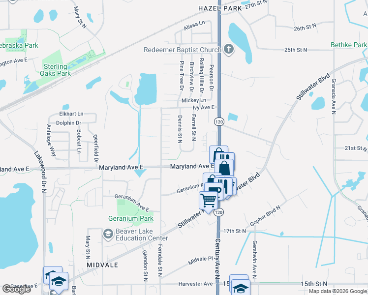 map of restaurants, bars, coffee shops, grocery stores, and more near 1224 Dennis Street North in Maplewood