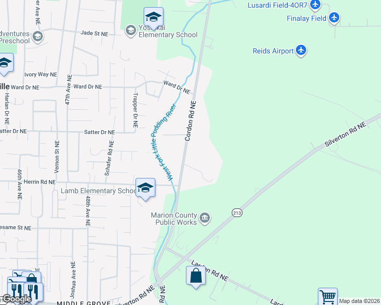 map of restaurants, bars, coffee shops, grocery stores, and more near 4128 Cordon Road Northeast in Salem