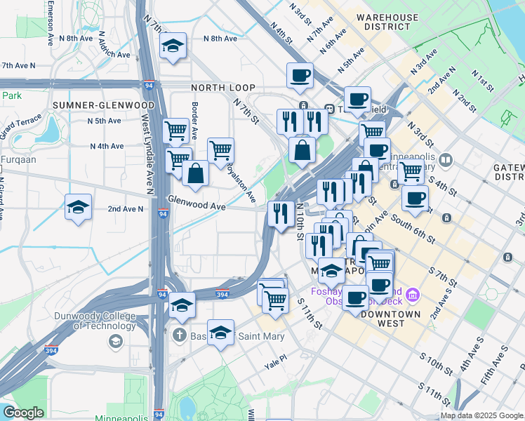 map of restaurants, bars, coffee shops, grocery stores, and more near 110 Glenwood Avenue in Minneapolis