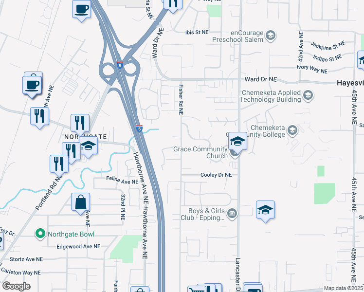 map of restaurants, bars, coffee shops, grocery stores, and more near 4150 Fisher Road Northeast in Salem