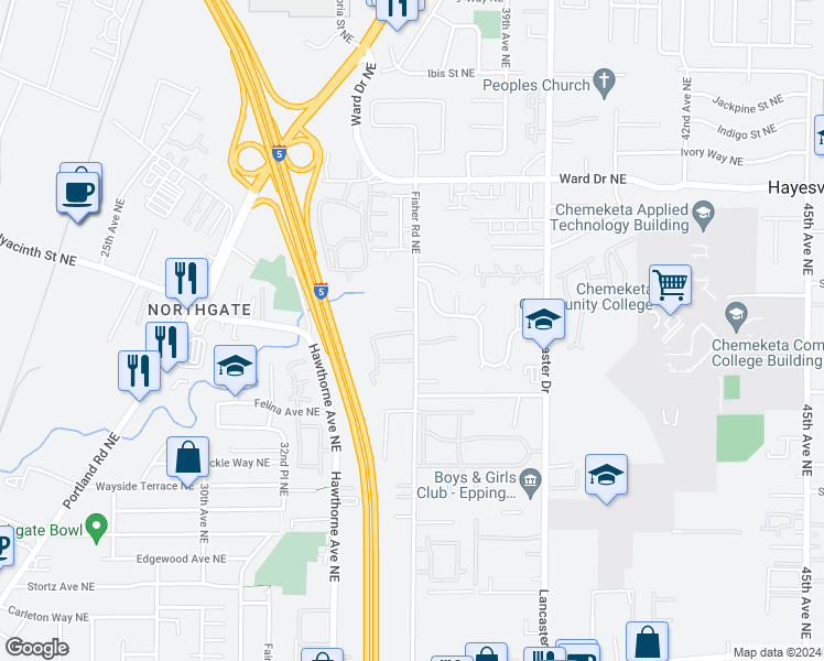 map of restaurants, bars, coffee shops, grocery stores, and more near 4150 Fisher Road Northeast in Salem