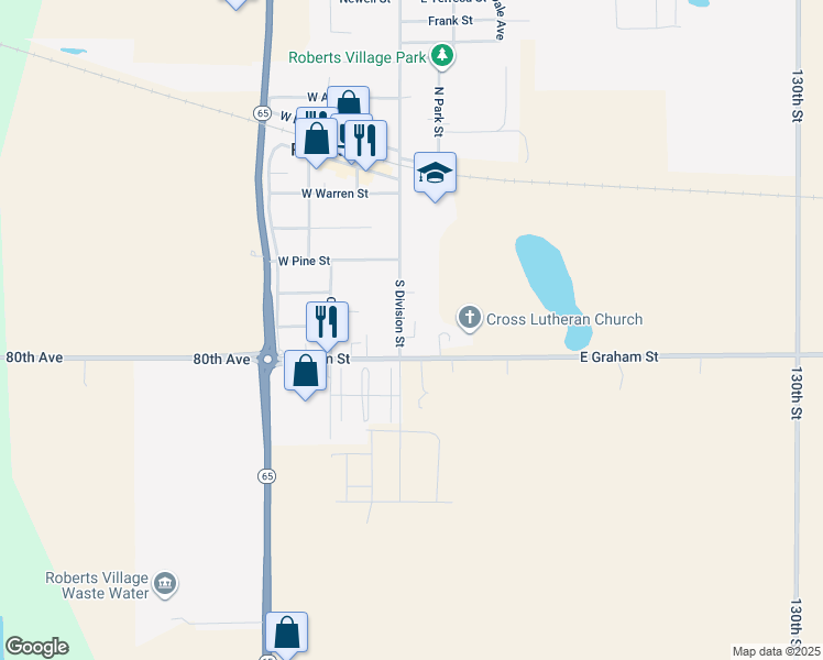 map of restaurants, bars, coffee shops, grocery stores, and more near 412 South Division Street in Roberts