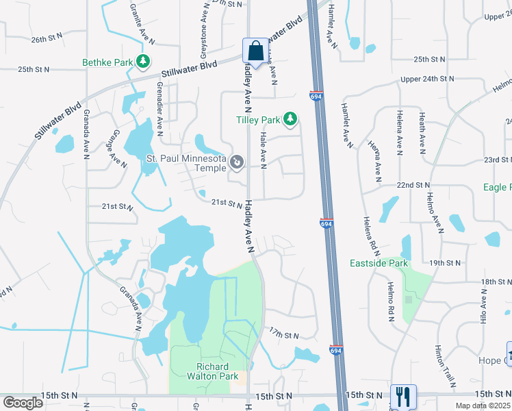 map of restaurants, bars, coffee shops, grocery stores, and more near 2103 Hallmark Avenue North in Oakdale
