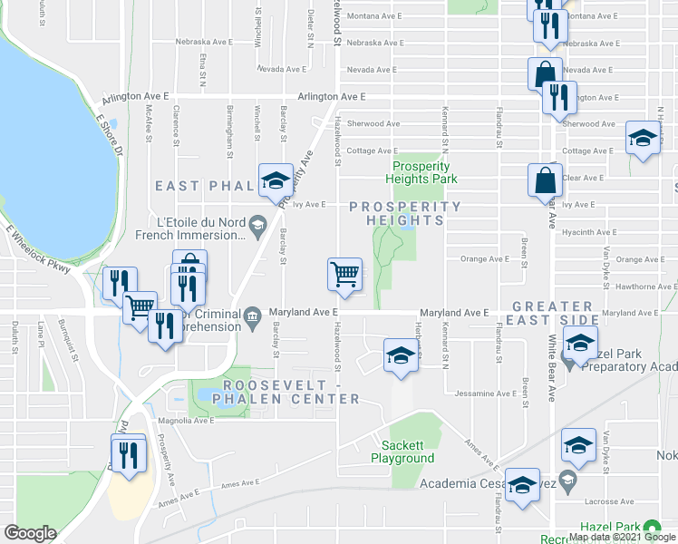 map of restaurants, bars, coffee shops, grocery stores, and more near 1349 Arcade Street in Saint Paul