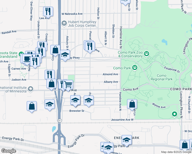 map of restaurants, bars, coffee shops, grocery stores, and more near 1428 Almond Avenue in Saint Paul
