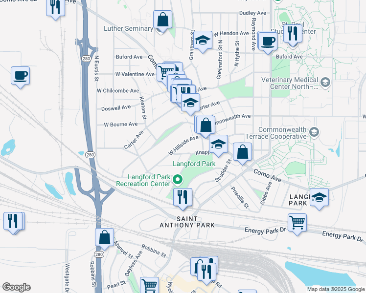 map of restaurants, bars, coffee shops, grocery stores, and more near 2240 West Hillside Avenue in Saint Paul