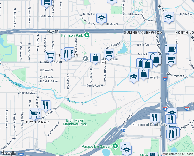 map of restaurants, bars, coffee shops, grocery stores, and more near 1415 2nd Avenue North in Minneapolis