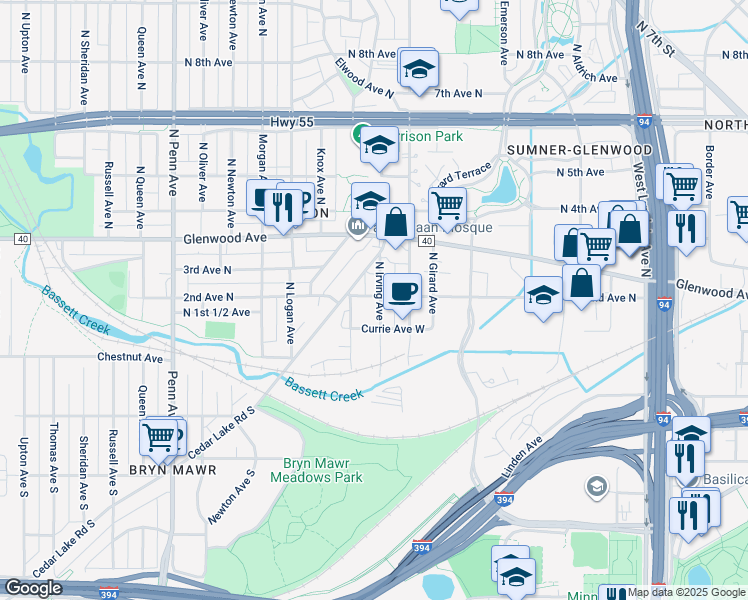 map of restaurants, bars, coffee shops, grocery stores, and more near 229 North Irving Avenue in Minneapolis