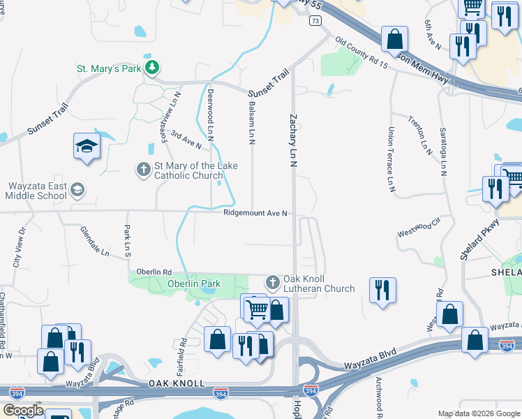 map of restaurants, bars, coffee shops, grocery stores, and more near 11220 Ridgemount Avenue West in Plymouth