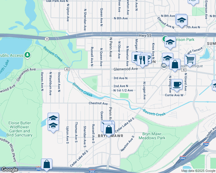 map of restaurants, bars, coffee shops, grocery stores, and more near 2900 North 2nd Avenue in Minneapolis