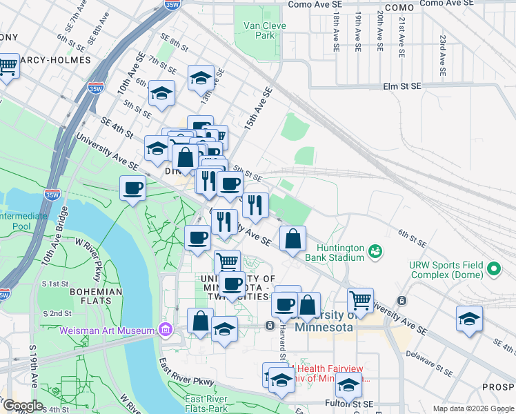 map of restaurants, bars, coffee shops, grocery stores, and more near Southeast 4th Street in Minneapolis