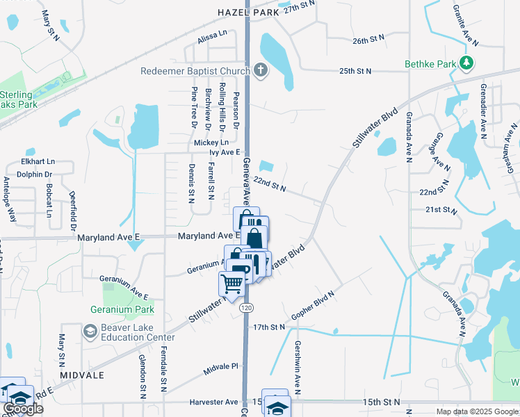 map of restaurants, bars, coffee shops, grocery stores, and more near 2069 Geneva Avenue North in Oakdale