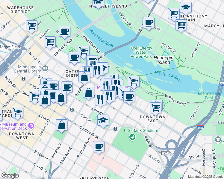 map of restaurants, bars, coffee shops, grocery stores, and more near 767 South 5th Avenue in Minneapolis