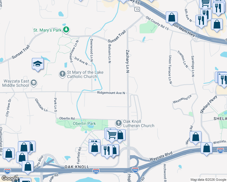 map of restaurants, bars, coffee shops, grocery stores, and more near 11220 Ridgemount Avenue West in Plymouth