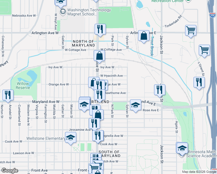 map of restaurants, bars, coffee shops, grocery stores, and more near 118 Orange Avenue West in Saint Paul