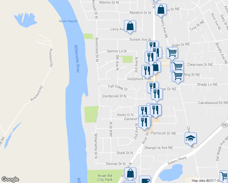map of restaurants, bars, coffee shops, grocery stores, and more near 3642 Powder Creek Court North in Keizer