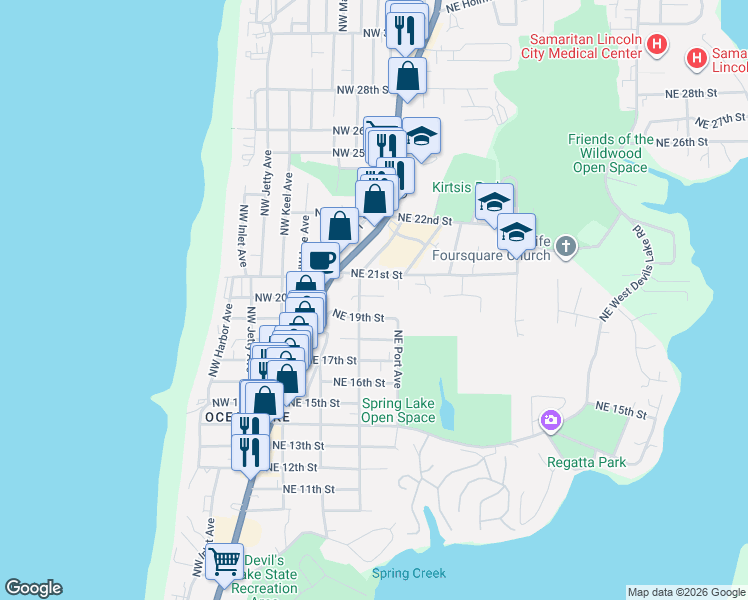 map of restaurants, bars, coffee shops, grocery stores, and more near 1836 Northeast 20th Street in Lincoln City