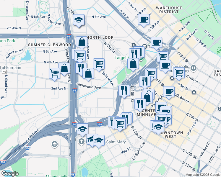 map of restaurants, bars, coffee shops, grocery stores, and more near 104 Glenwood Avenue in Minneapolis
