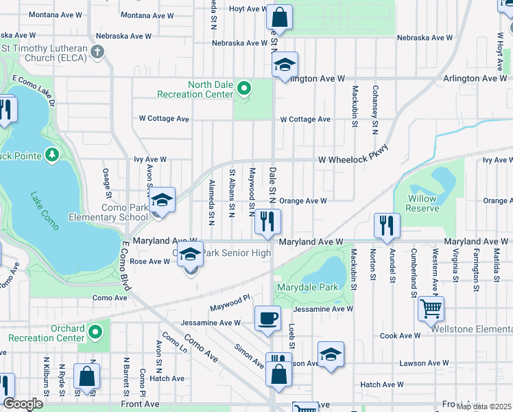 map of restaurants, bars, coffee shops, grocery stores, and more near 646 Orange Avenue West in Saint Paul