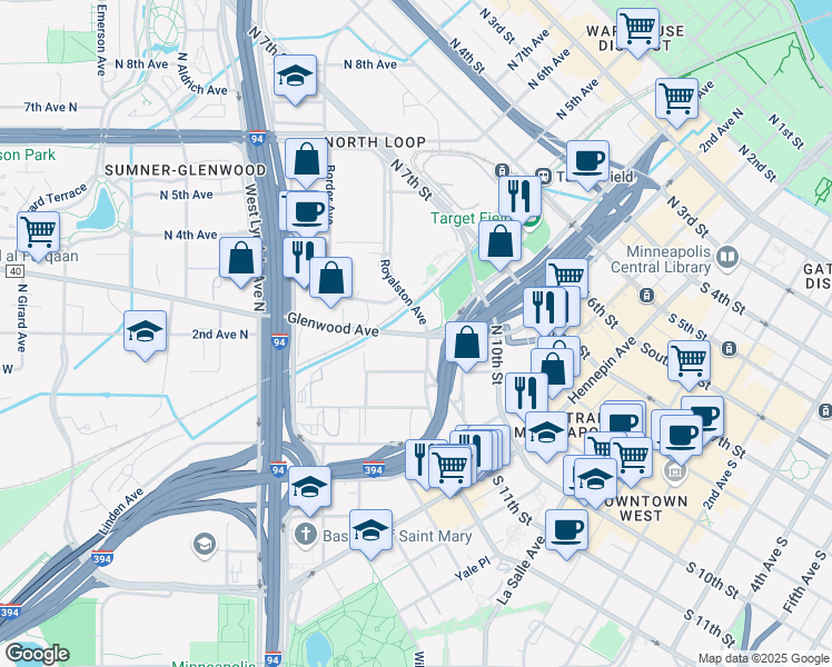 map of restaurants, bars, coffee shops, grocery stores, and more near 104 Glenwood Avenue in Minneapolis