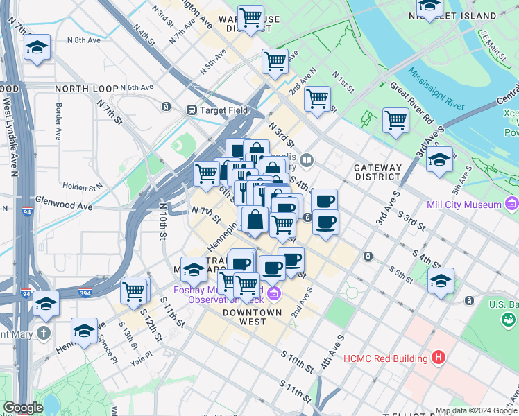 map of restaurants, bars, coffee shops, grocery stores, and more near 12s South 6th Street in Minneapolis
