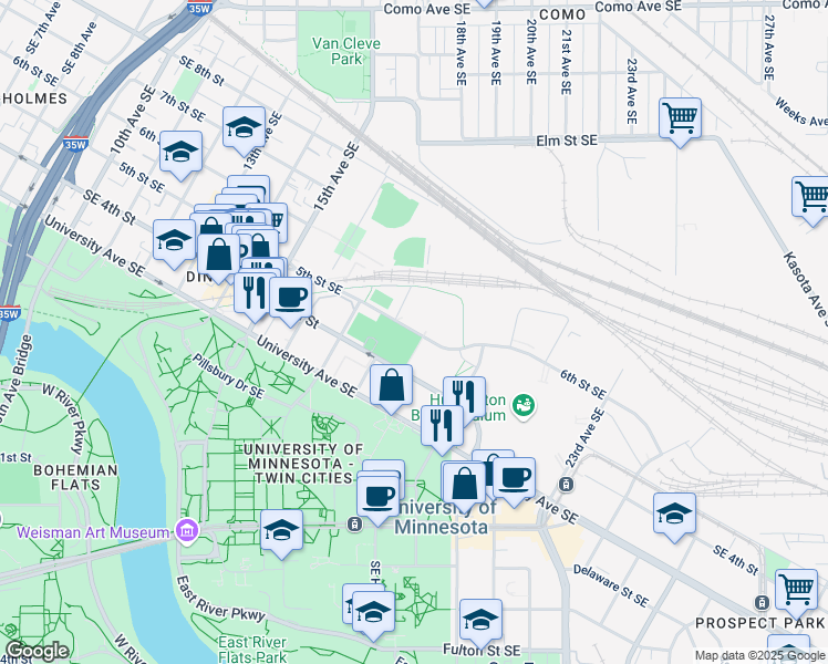 map of restaurants, bars, coffee shops, grocery stores, and more near 1825 Southeast 5th Street in Minneapolis