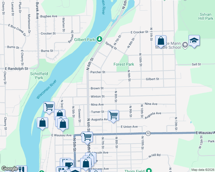 map of restaurants, bars, coffee shops, grocery stores, and more near 2801 North 7th Street in Wausau
