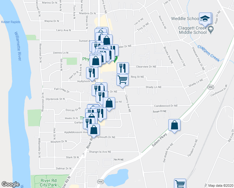 map of restaurants, bars, coffee shops, grocery stores, and more near 894 Bever Drive Northeast in Keizer