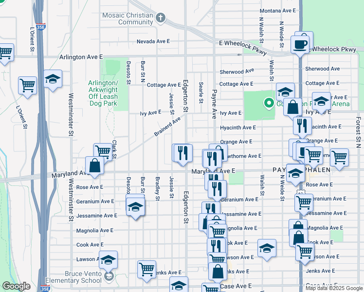 map of restaurants, bars, coffee shops, grocery stores, and more near 1255 Edgerton Street in Saint Paul