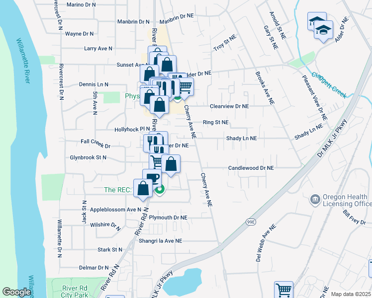 map of restaurants, bars, coffee shops, grocery stores, and more near 894 Bever Drive Northeast in Keizer