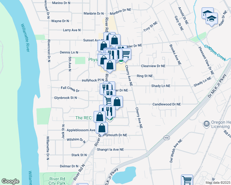 map of restaurants, bars, coffee shops, grocery stores, and more near 692 Bever Drive Northeast in Keizer