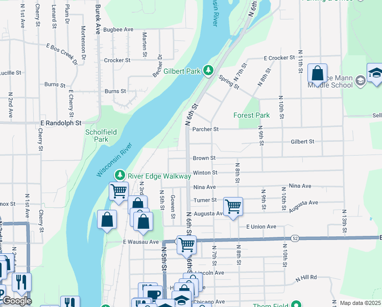 map of restaurants, bars, coffee shops, grocery stores, and more near 602 Brown Street in Wausau